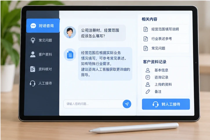 在线客服接待与咨询整理的服务场景示意