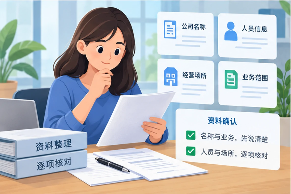 核对注册公司资料与办理事项的服务场景示意