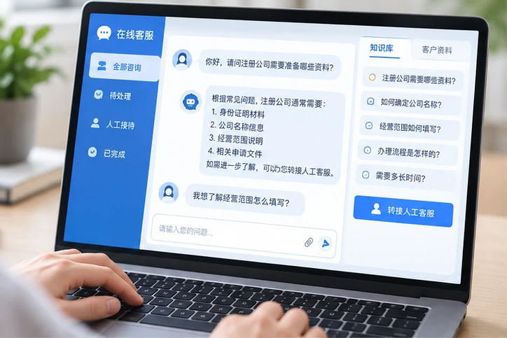 在线客服接待与咨询整理的服务场景示意