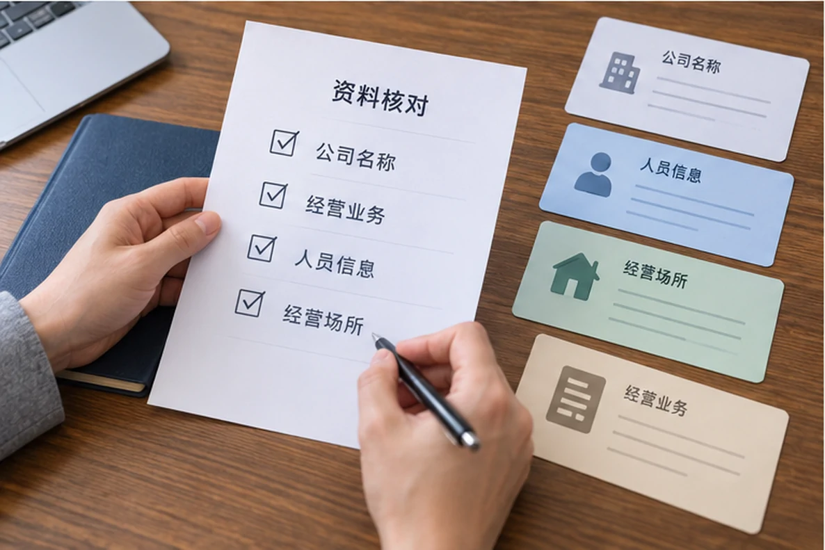 核对注册公司资料与办理事项的服务场景示意