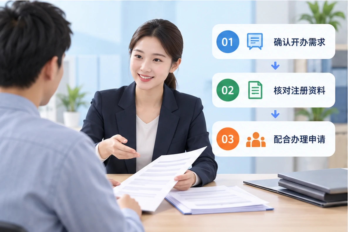 核对注册公司资料与办理事项的服务场景示意