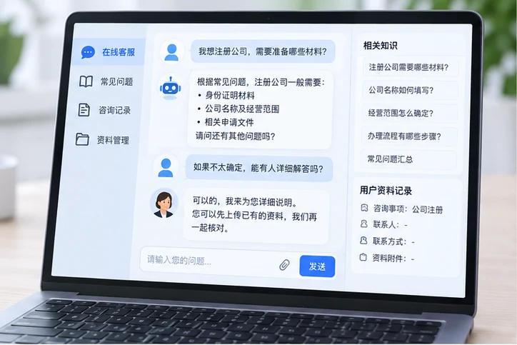 在线客服接待与咨询整理的服务场景示意