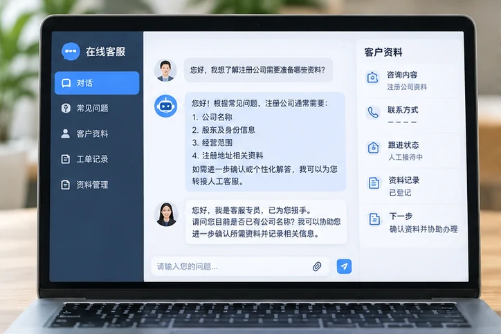 在线客服接待与咨询整理的服务场景示意