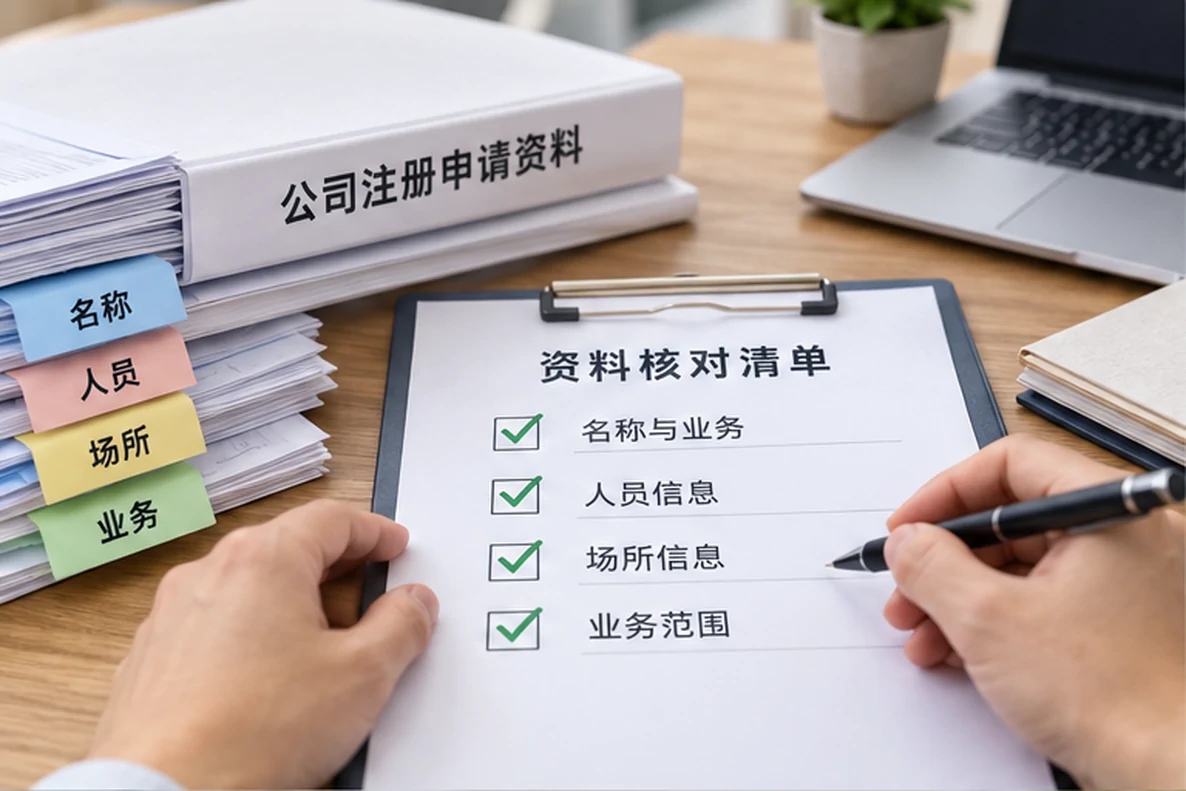 核对注册公司资料与办理事项的服务场景示意