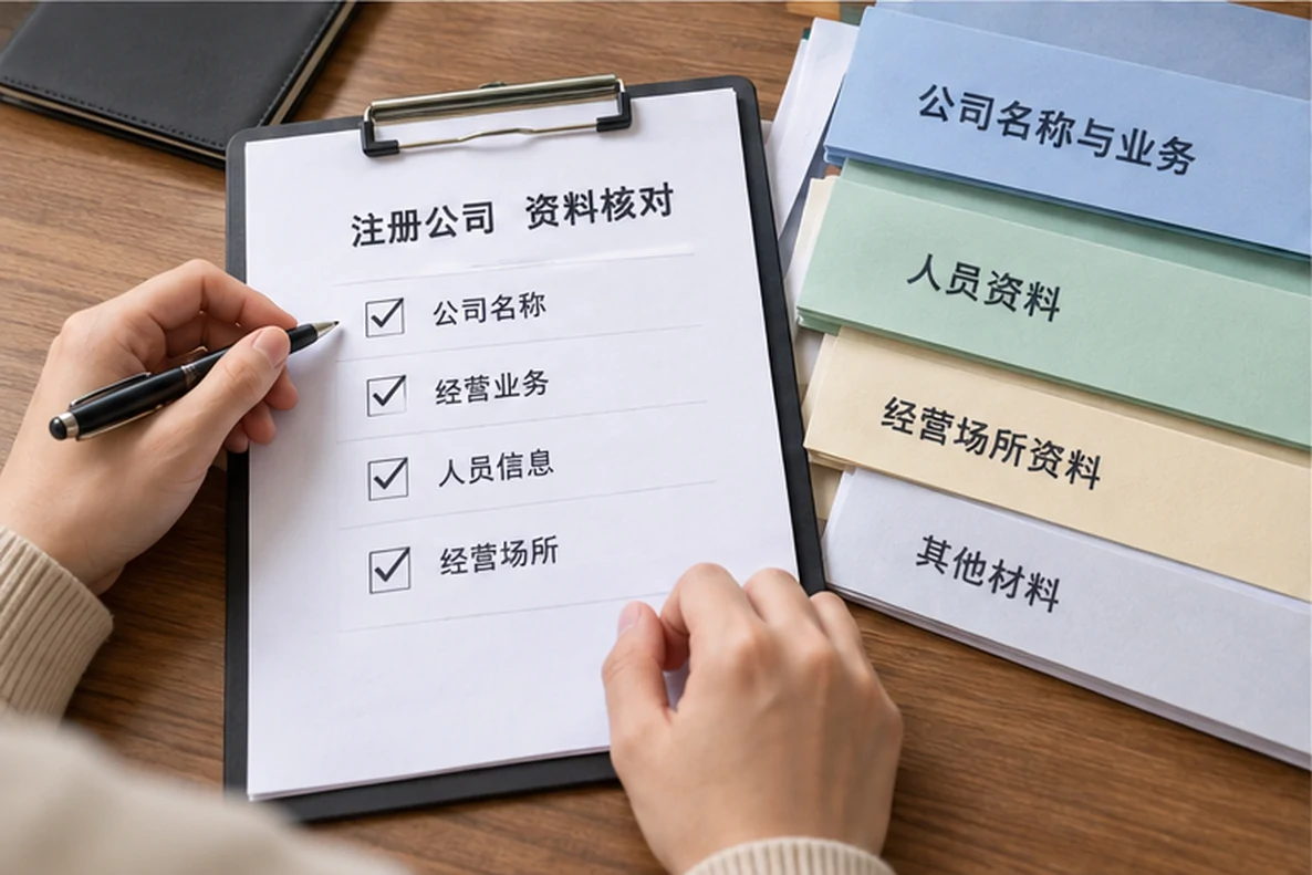核对注册公司资料与办理事项的服务场景示意