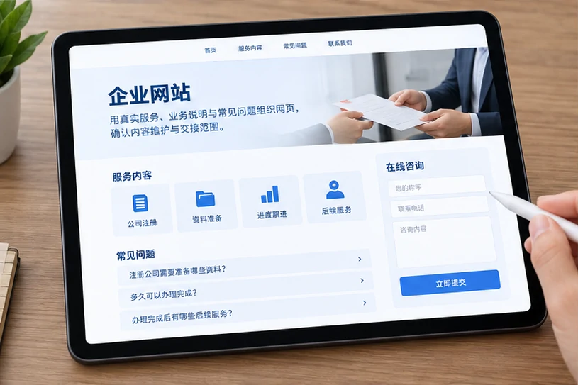 企业网站展示业务与服务信息的场景示意