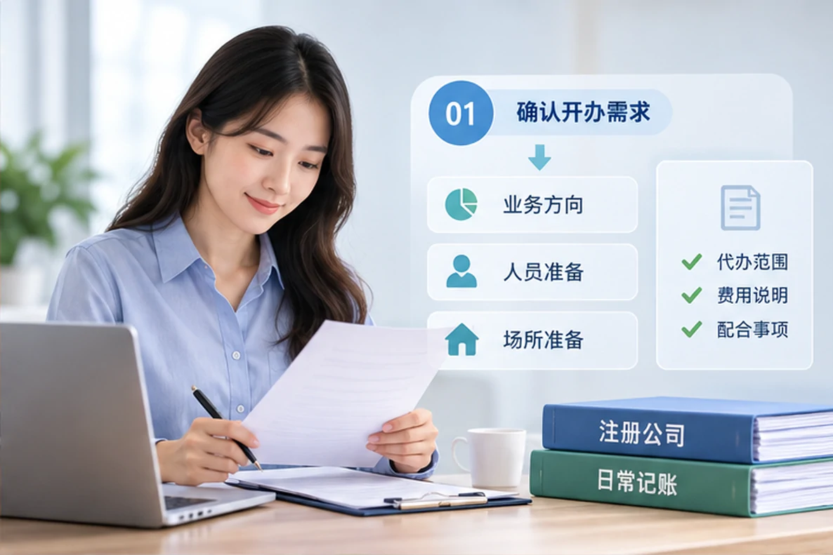 核对注册公司资料与办理事项的服务场景示意
