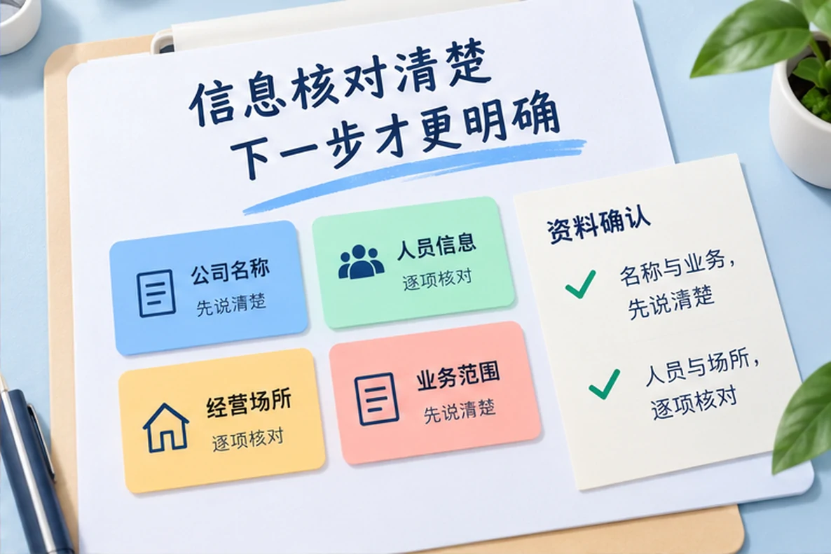 核对注册公司资料与办理事项的服务场景示意