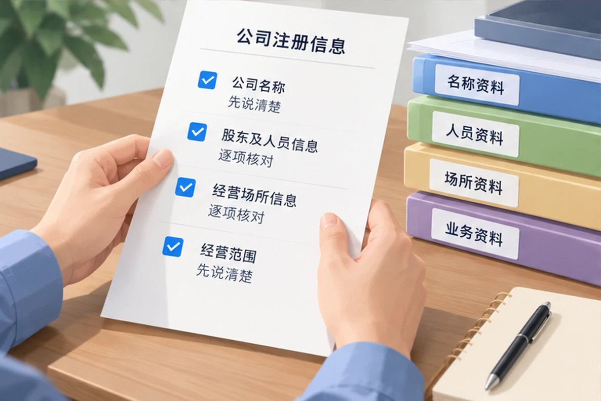 核对注册公司资料与办理事项的服务场景示意