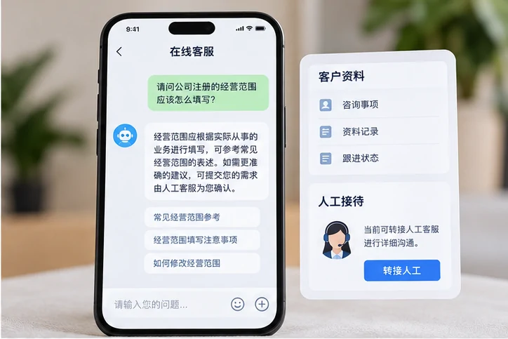 在线客服接待与咨询整理的服务场景示意