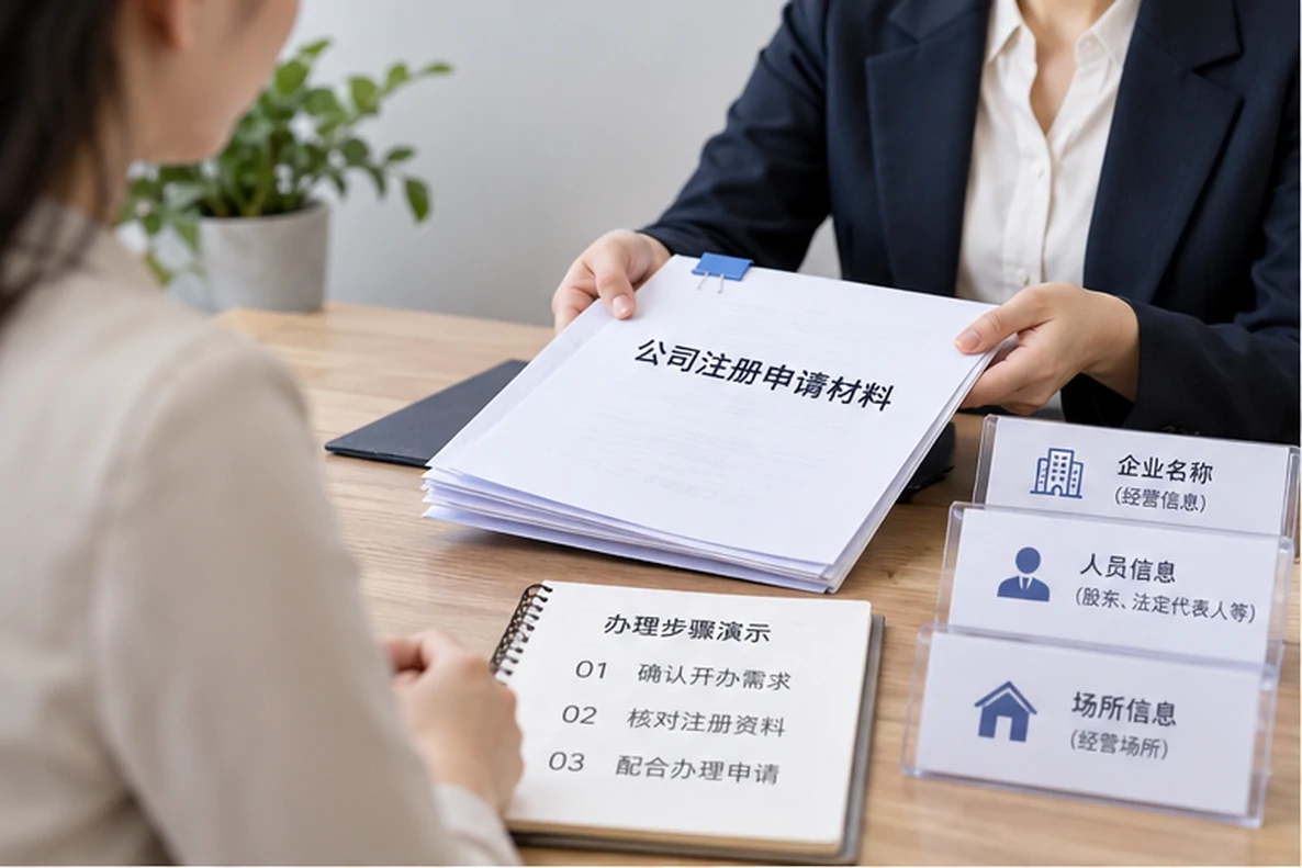 核对注册公司资料与办理事项的服务场景示意
