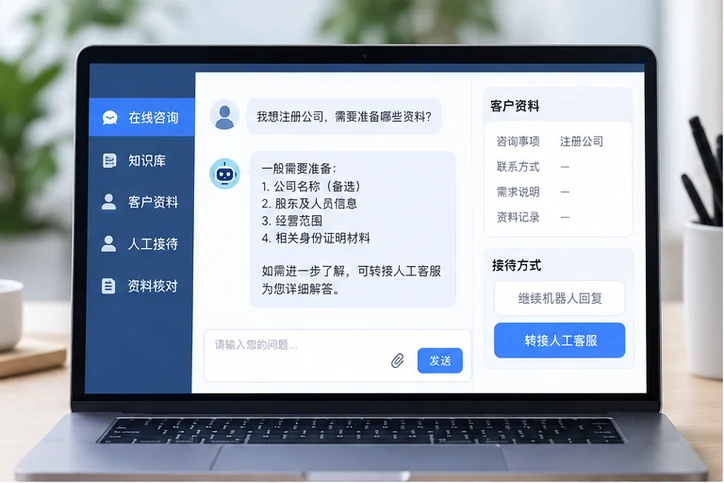 在线客服接待与咨询整理的服务场景示意