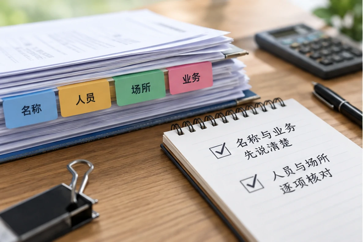 核对注册公司资料与办理事项的服务场景示意