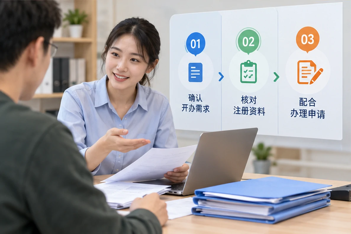 核对注册公司资料与办理事项的服务场景示意