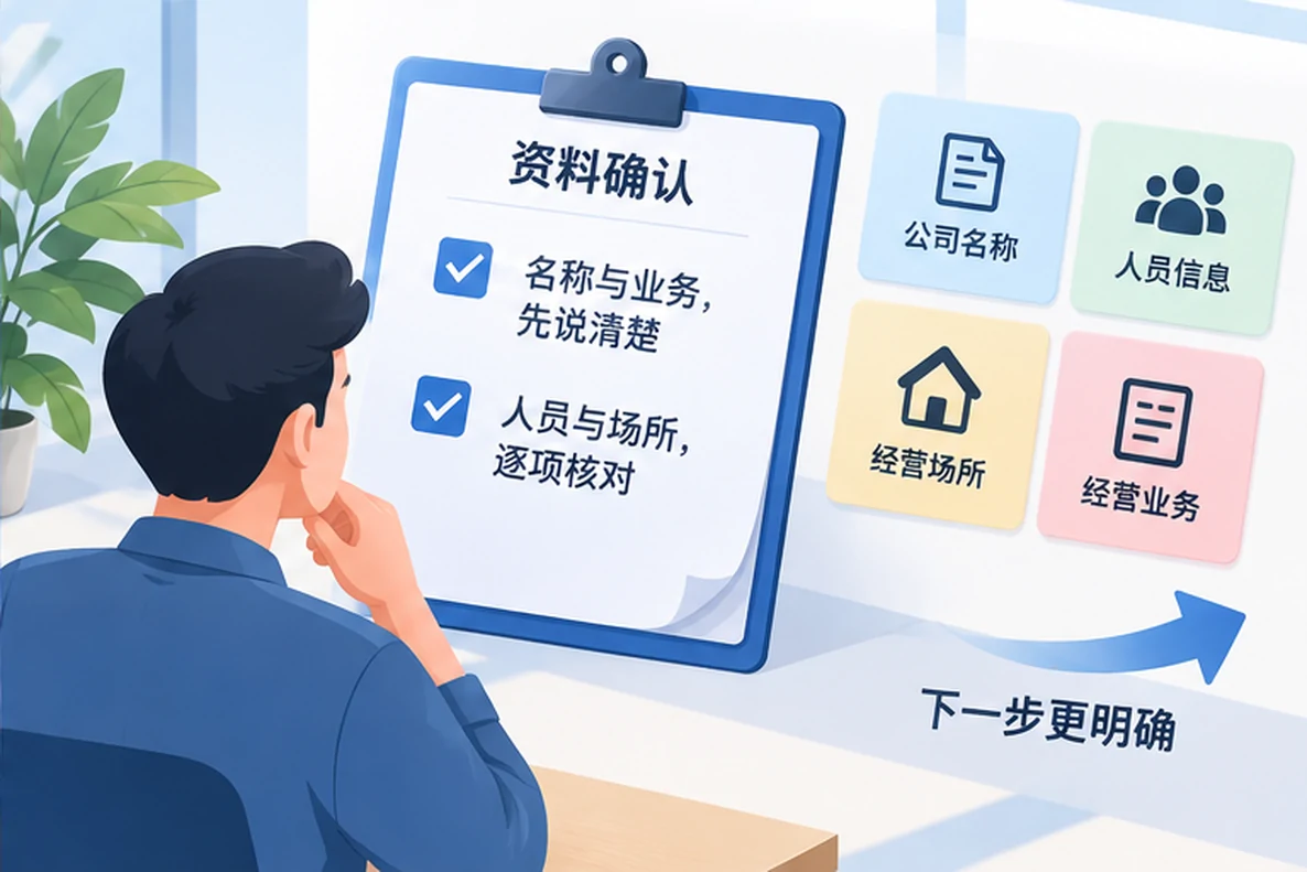 核对注册公司资料与办理事项的服务场景示意