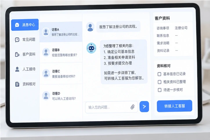 在线客服接待与咨询整理的服务场景示意