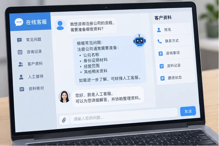 在线客服接待与咨询整理的服务场景示意