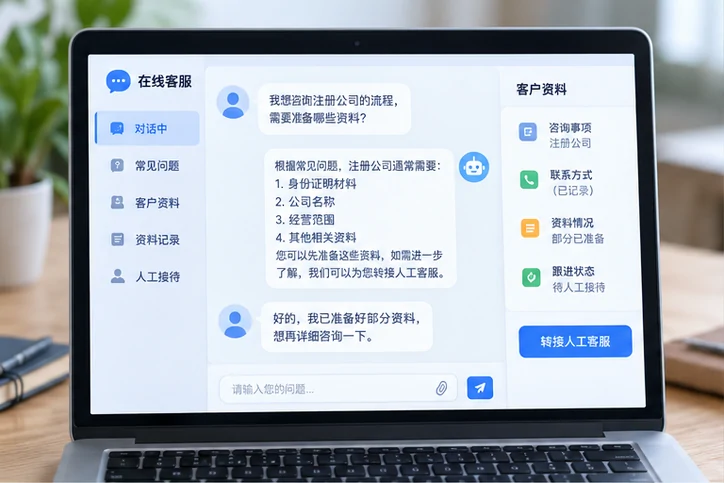 在线客服接待与咨询整理的服务场景示意