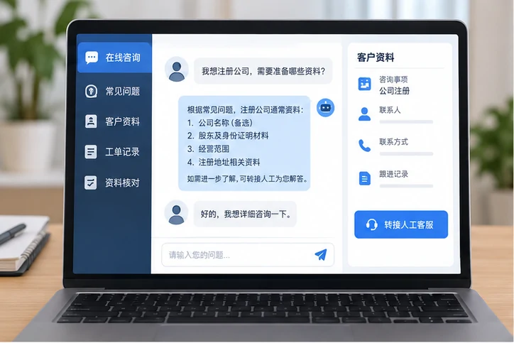在线客服接待与咨询整理的服务场景示意