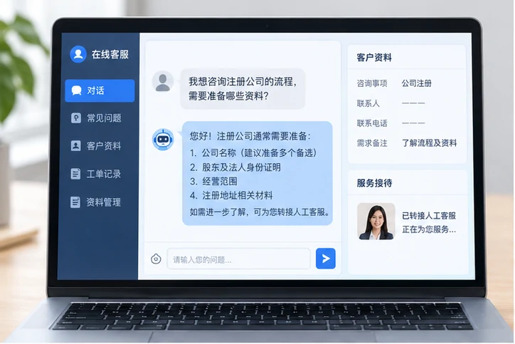在线客服接待与咨询整理的服务场景示意