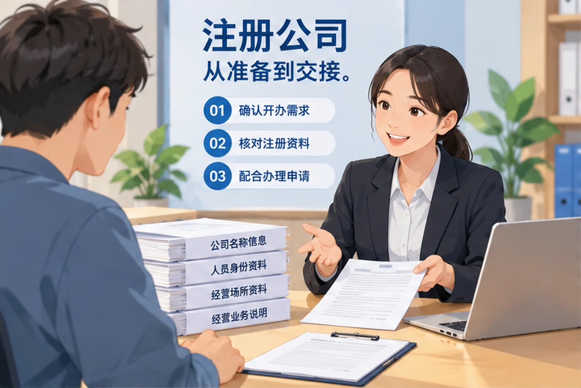 核对注册公司资料与办理事项的服务场景示意