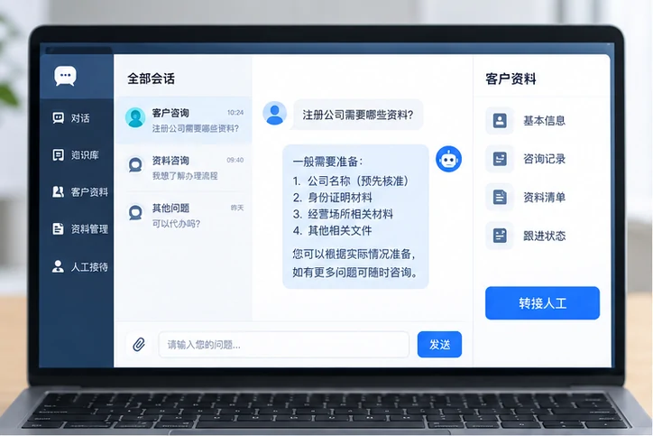 在线客服接待与咨询整理的服务场景示意