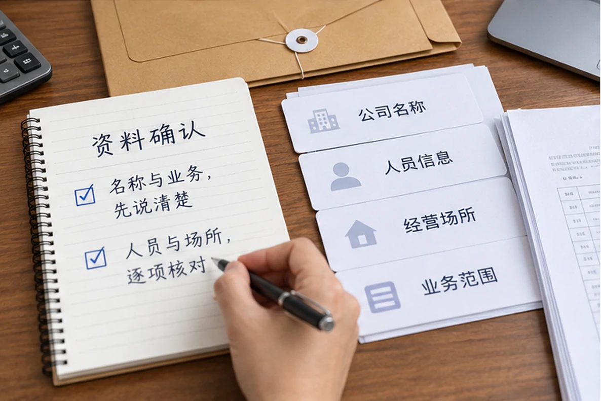 核对注册公司资料与办理事项的服务场景示意