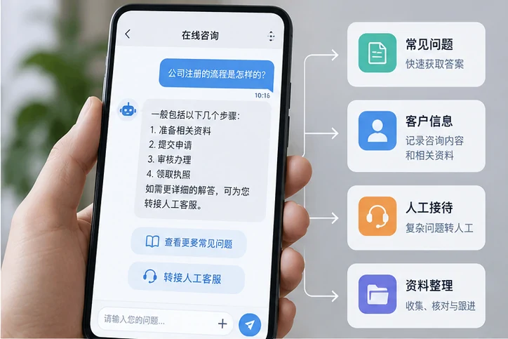 在线客服接待与咨询整理的服务场景示意