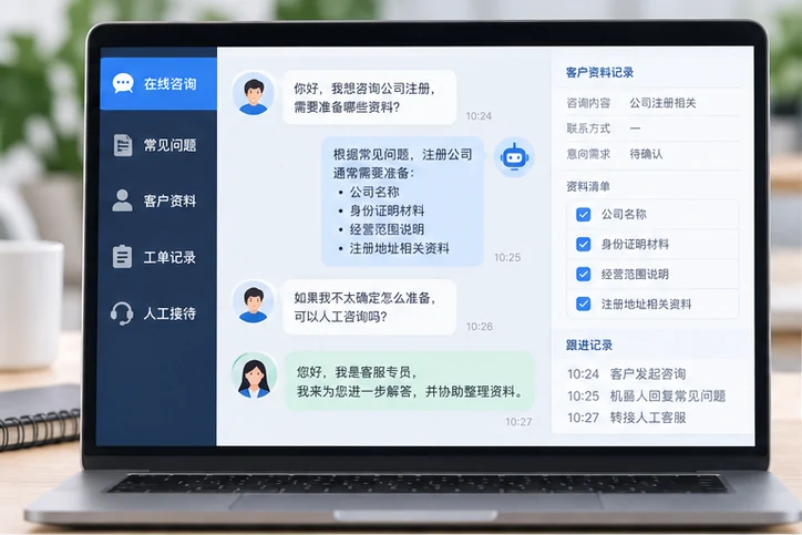 在线客服接待与咨询整理的服务场景示意