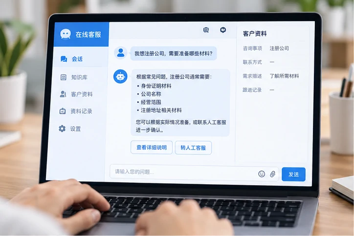在线客服接待与咨询整理的服务场景示意