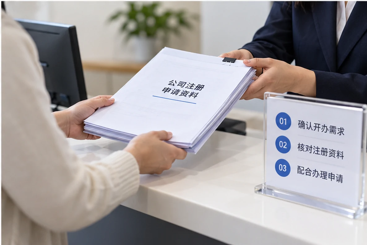 核对注册公司资料与办理事项的服务场景示意