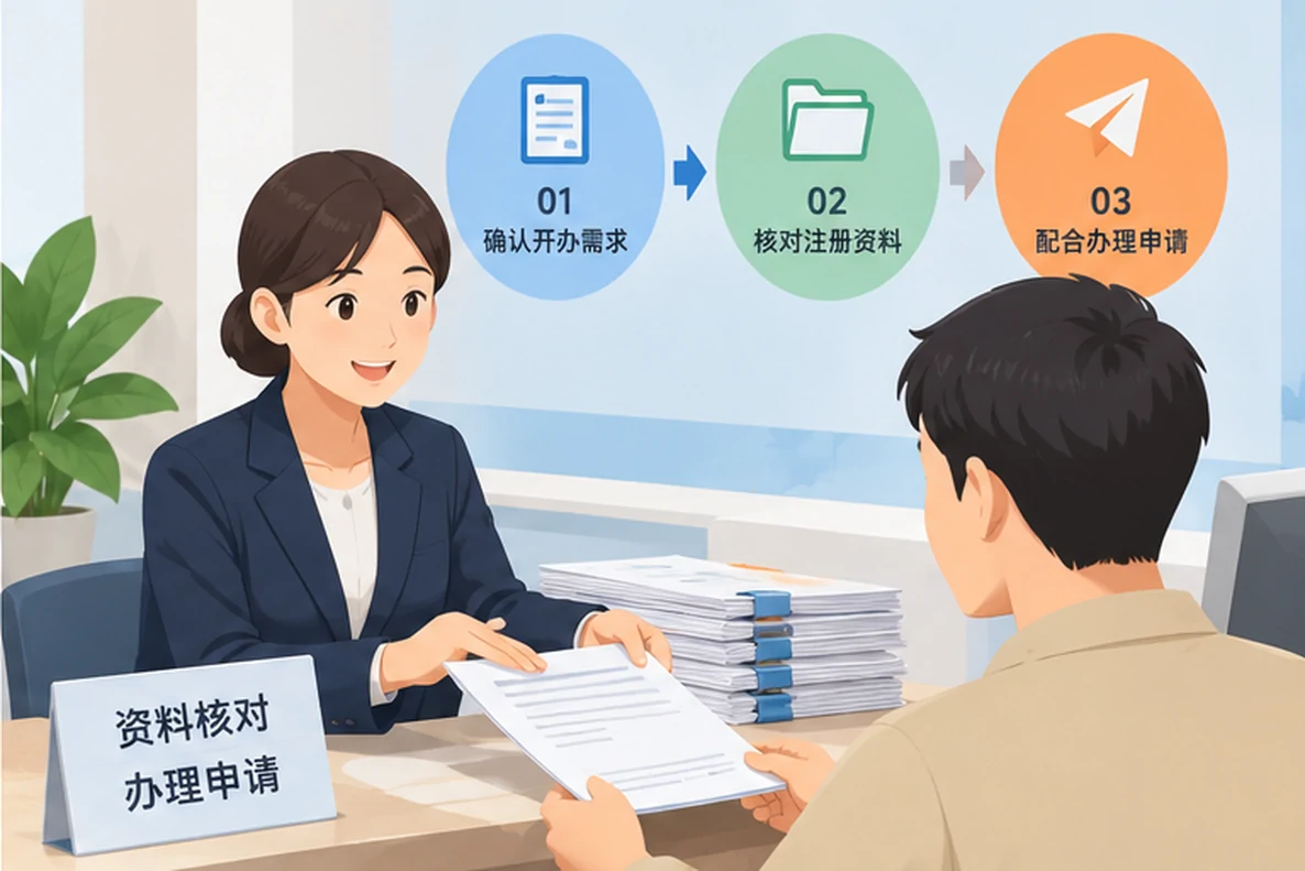 核对注册公司资料与办理事项的服务场景示意