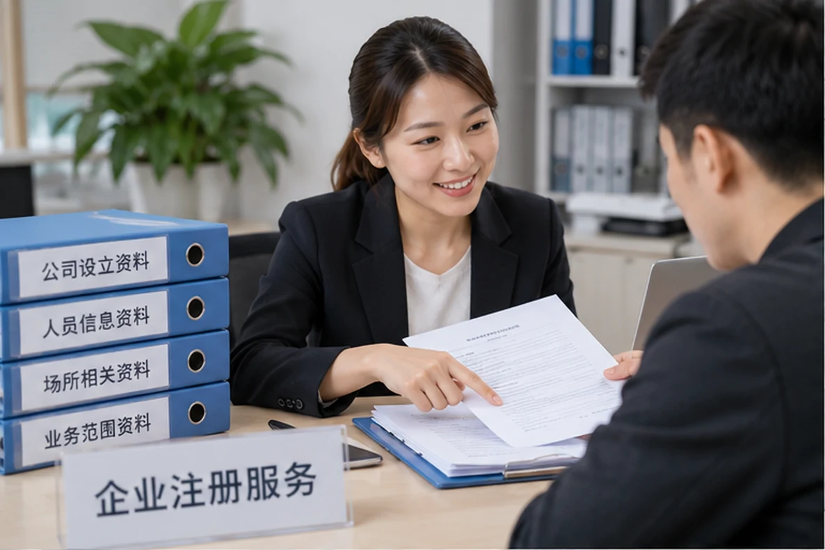 核对注册公司资料与办理事项的服务场景示意