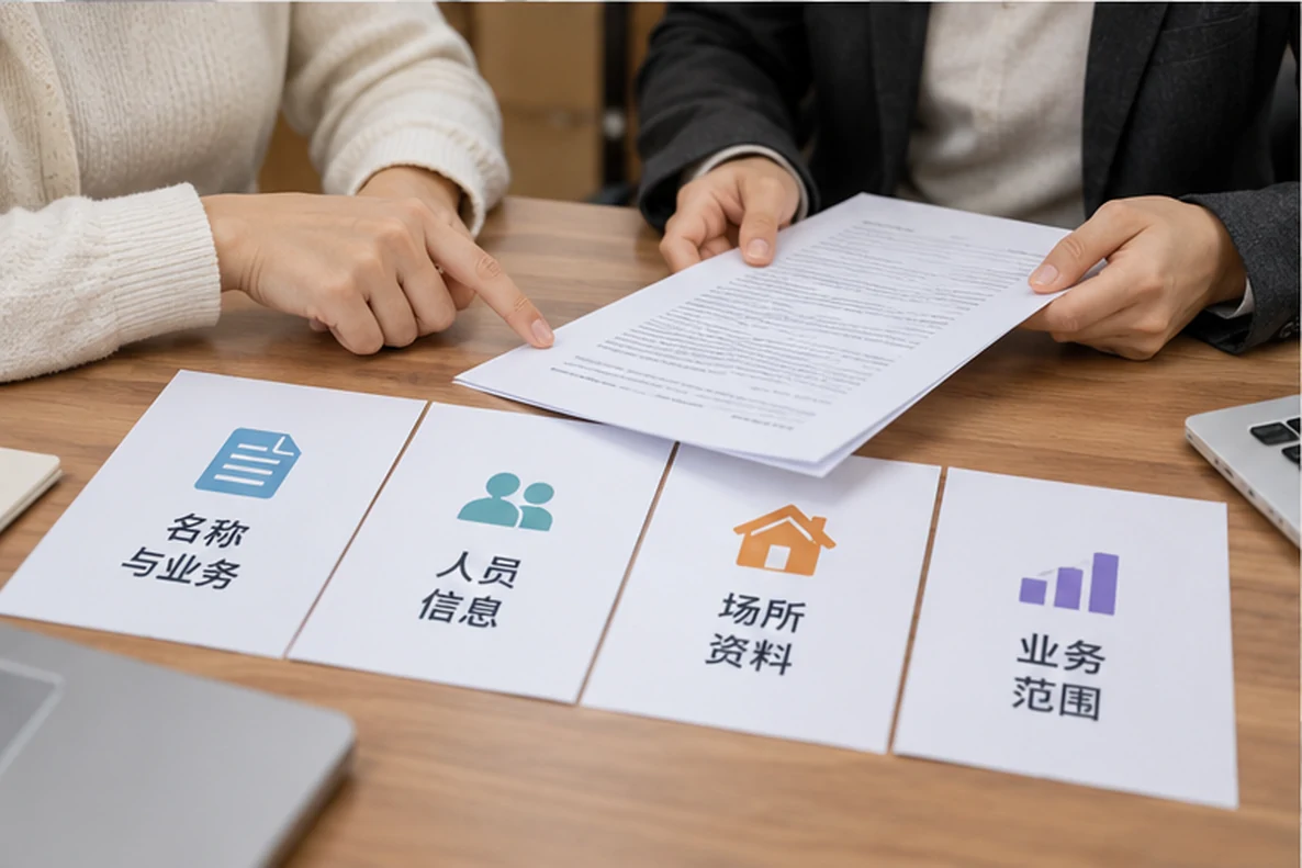 核对注册公司资料与办理事项的服务场景示意