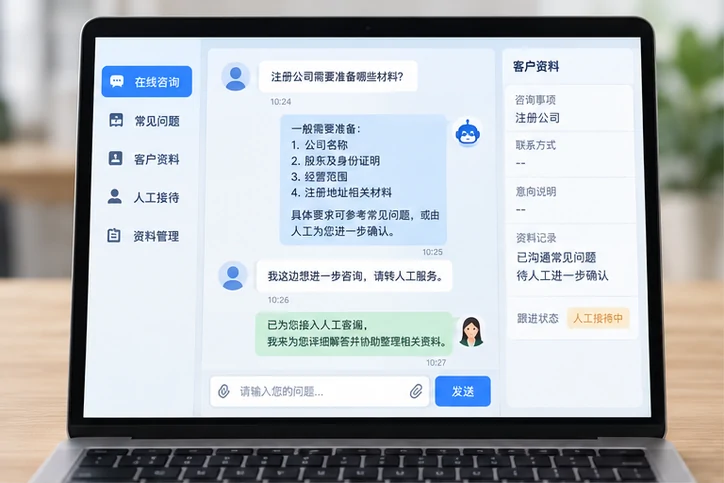 在线客服接待与咨询整理的服务场景示意