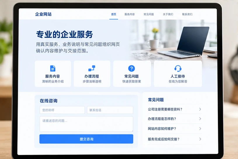 企业网站展示业务与服务信息的场景示意