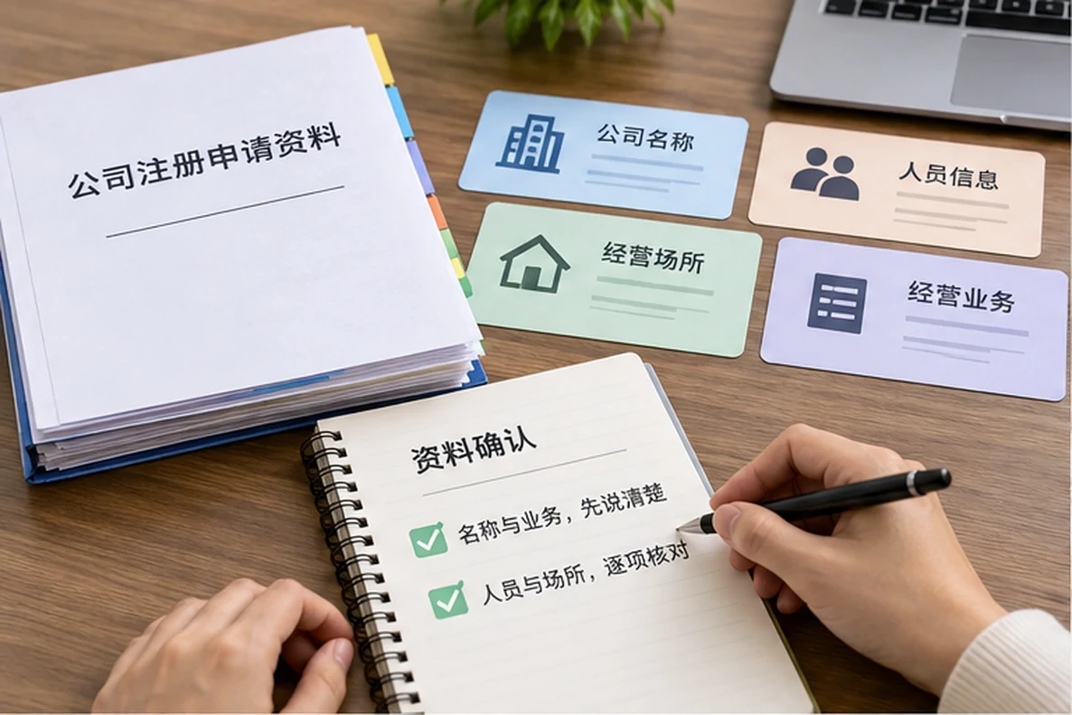 核对注册公司资料与办理事项的服务场景示意