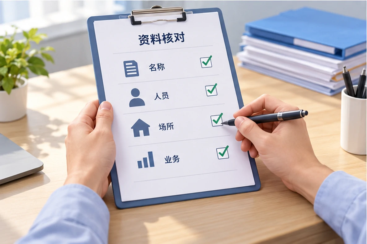 核对注册公司资料与办理事项的服务场景示意