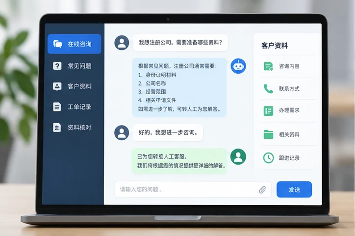 在线客服接待与咨询整理的服务场景示意
