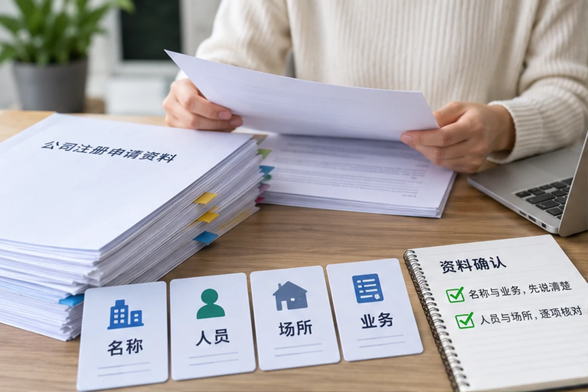 核对注册公司资料与办理事项的服务场景示意