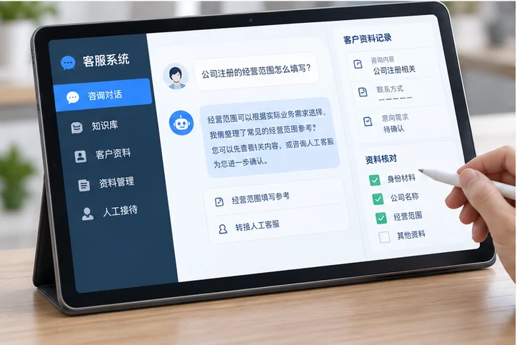 在线客服接待与咨询整理的服务场景示意