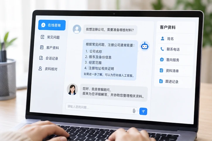 在线客服接待与咨询整理的服务场景示意