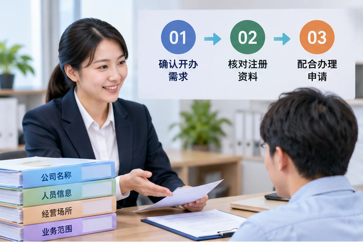 核对注册公司资料与办理事项的服务场景示意