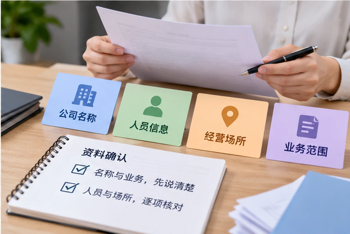 核对注册公司资料与办理事项的服务场景示意