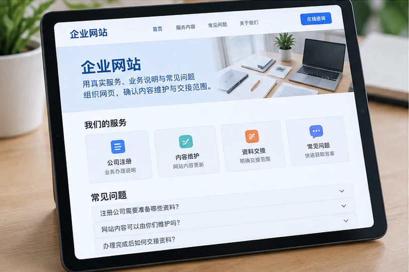 企业网站展示业务与服务信息的场景示意