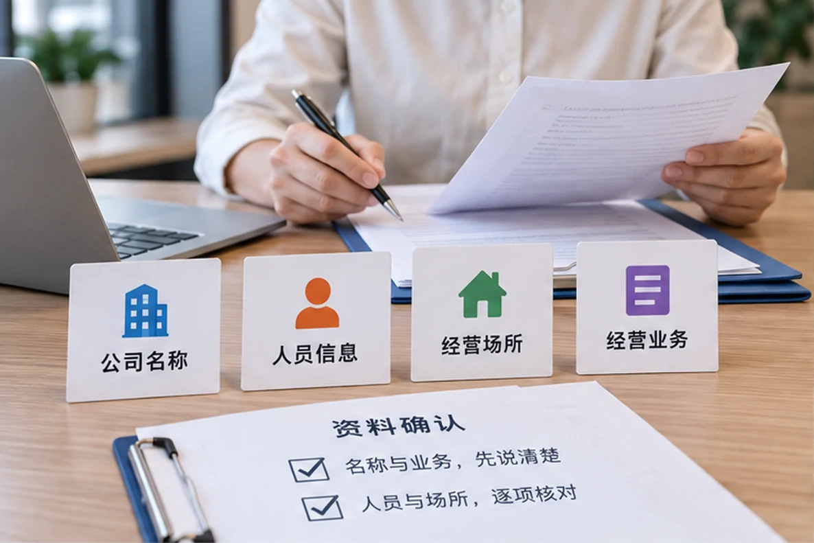 核对注册公司资料与办理事项的服务场景示意