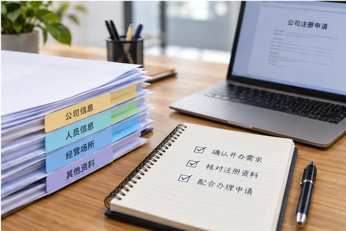 核对注册公司资料与办理事项的服务场景示意