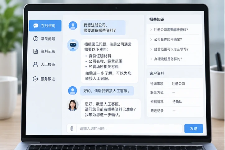 在线客服接待与咨询整理的服务场景示意