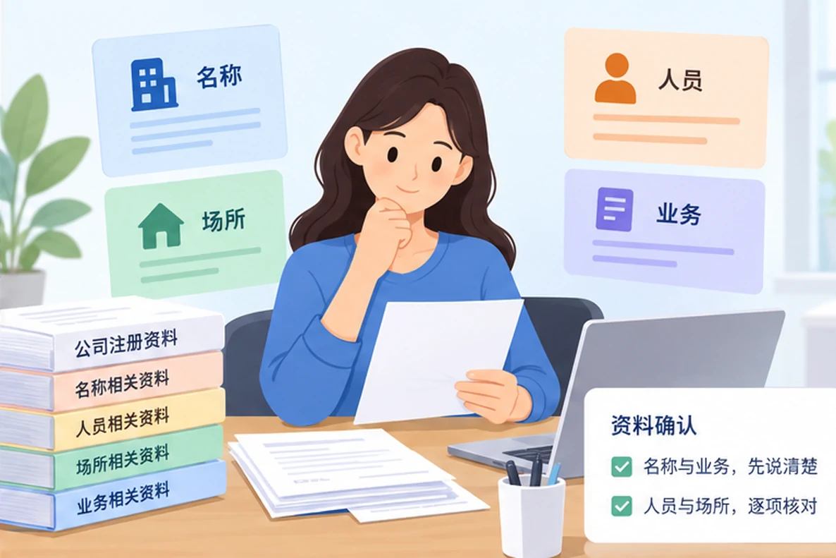 核对注册公司资料与办理事项的服务场景示意