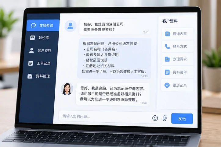 在线客服接待与咨询整理的服务场景示意